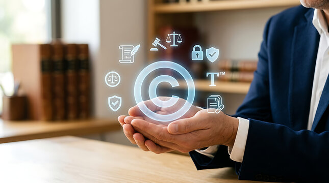 Intellectual Property Protection: A businessman holds the copyright symbol with a surrounding array of icons representing legal protection, security, and justice.