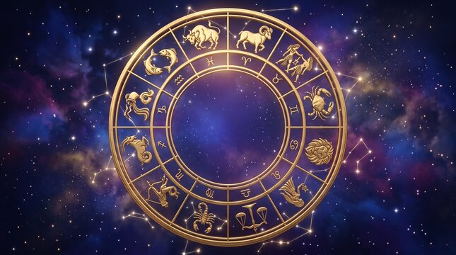 Elegant golden zodiac wheel displaying all twelve astrological signs arranged around a circular celestial design against a vibrant cosmic sky with generous copy space.
