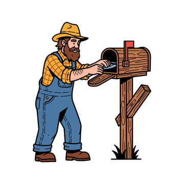 Hillbilly man in overalls checking a wooden mailbox for mail