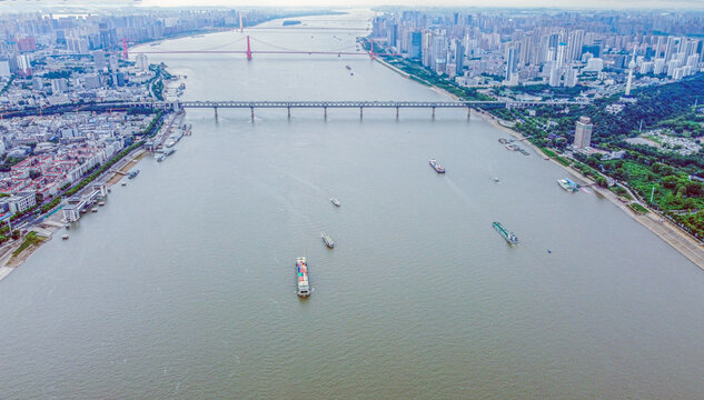 Wuhan Yangtze River Aerial City View with Bridges and Cargo Ships
