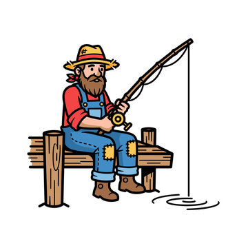 Bearded hillbilly fishing while sitting on a wooden dock