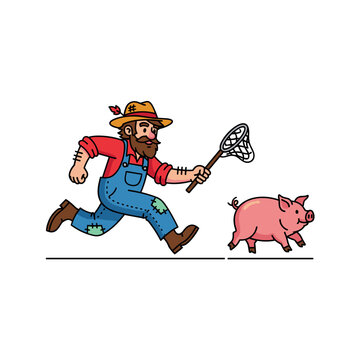 Hillbilly chasing a pink pig with a catching net