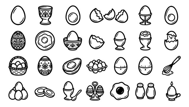 Comprehensive collection of egg icons including raw boiled fried basket and kitchen tools