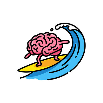 Human brain character surfing on a yellow board on a blue ocean wave