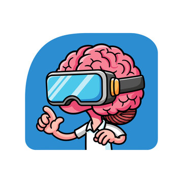 Brain wearing virtual reality headset and gesturing in digital space