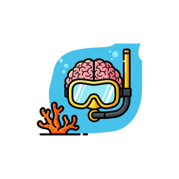 Brain snorkeling underwater to explore the depths of the mind