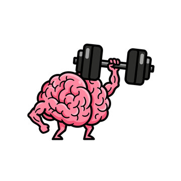 Strong pink brain lifting a heavy barbell for mental health