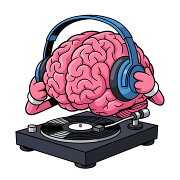 Brain wearing blue headphones listening to music on a turntable