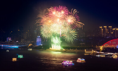 Fireworks Display Over Yangtze River, Wuhan China at Night