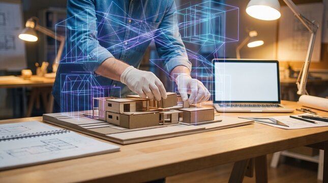 Architect wearing gloves reviewing a wooden building model with digital hologram real estate architect architecture hologram construction building engineer planning technology drafting