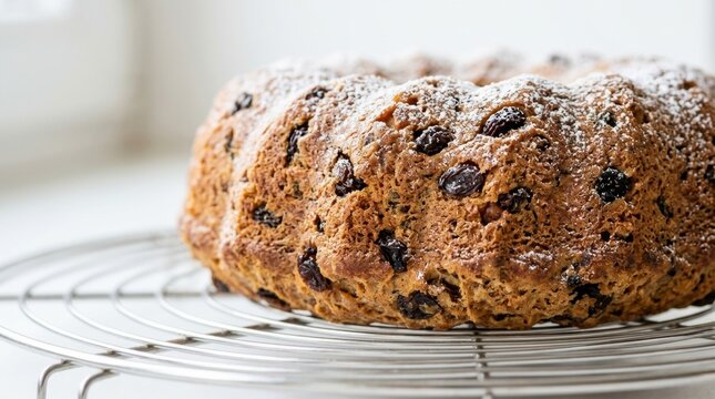 Freshly Baked Homemade Bundt Cake with Raisins Sprinkled with Powdered Sugar on a Metal Cooling Rack, Delicious Dessert for Tea Time or Holiday Feast.