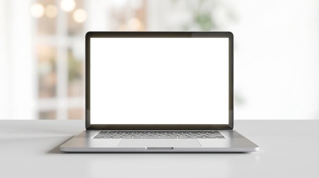 Sleek silver laptop with blank white screen on a clean minimalist desk in a softly lit modern office environment