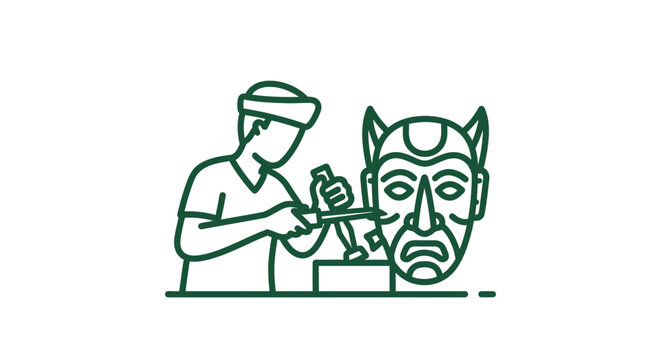 Artist sculpting a detailed mask with tools.