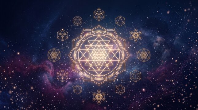 Detailed sacred geometry composition featuring Sri Yantra, Metatron inspired symbols, glowing geometric forms, and a colorful cosmic universe background for meditation and spiritual concepts.