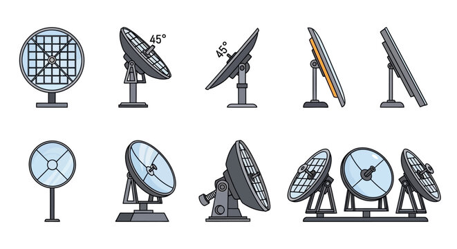 Set of parabolic antenna icons for signal transmission and reception