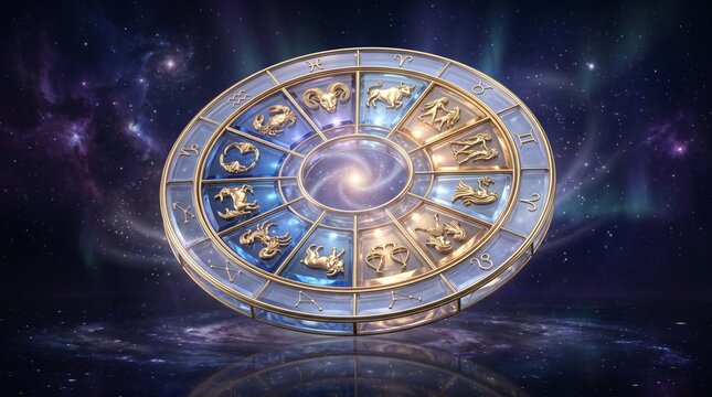Premium zodiac wheel featuring all twelve astrological signs arranged around a luminous cosmic center with elegant gold detailing and deep space background.