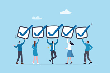 Fototapeta na wymiar Team checklist project management tasks completion, tick or check mark for achievement list, efficiency improvement or approval report, business people colleagues teamwork finish done checklist plan.