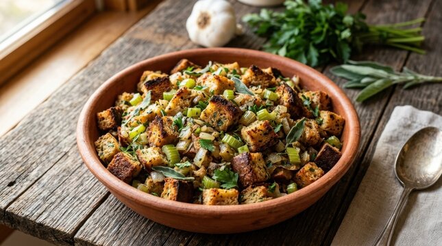 Hearty homemade bread stuffing with fresh herbs and vegetables served in a rustic bowl on a wooden table.