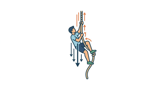 Man climbing rope with physics forces illustrated.
