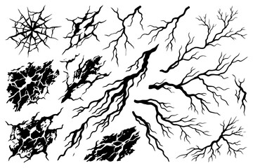 Obraz premium Collection of abstract crack and branch patterns on white background.