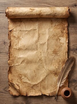 Vintage aged parchment scroll with quill pen and inkwell on rustic wooden table, evoking historical writing and medieval atmosphere