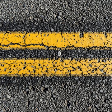 Close-up of Asphalt Road with Yellow Lane Marking.
