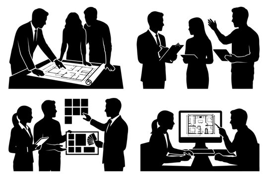 Collaborative architectural planning: silhouettes of professionals in design and discussion.
