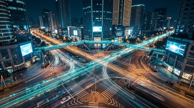 Aerial view of urban city intersection at night with light trails intersection transport landscape downtown building transportation metropolis infrastructure junction exposure nighttime