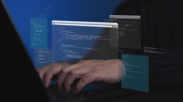 Systems analyst debugging code script and managing software development on a digital web interface. Concept of website programming engineering, cybersecurity compliance, and data optimization.