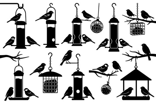 Silhouette collection of birds at various bird feeders on branches.
