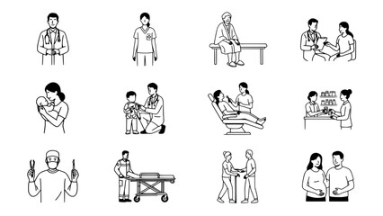 Obraz premium Doctor Icon Set of Simple Line Drawings Showing Health Care, Consultation, Diagnosis, and Wellness Services for Patients