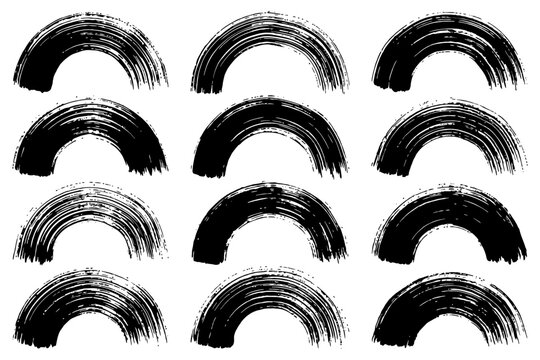 Abstract black brush stroke rainbows on white background.