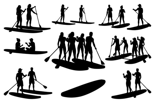Paddleboarding silhouettes of diverse groups engaged in various water activities.