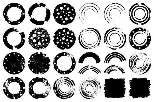 Abstract grunge circle and square designs in black and white.