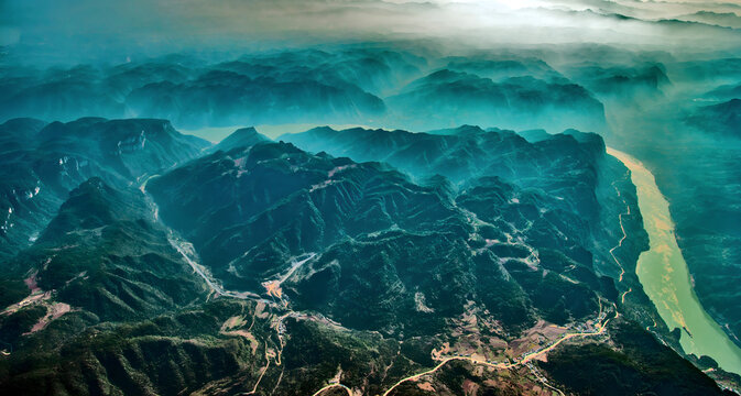 Three Gorges China Aerial Landscape with Misty Mountains and River