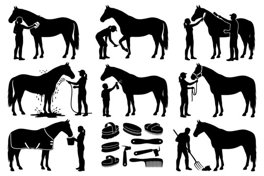 Silhouettes of people caring for horses with grooming tools.