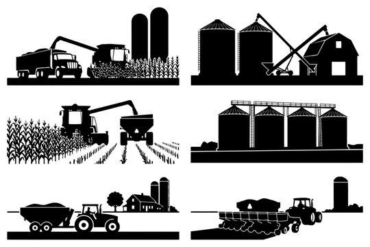 Farming equipment and silos in black and white silhouette scenes.