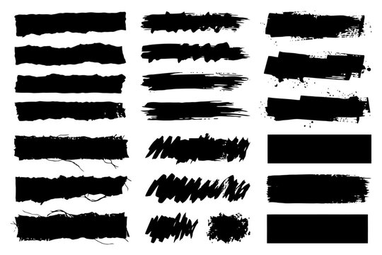 Set of grunge black brush stroke elements on white background.