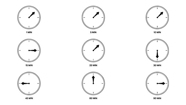 Timer Icons Set of Nine Circular Countdown Clocks in a 3x3 Grid with Arrow Hands and Minute Labels Featuring Clock, Icon