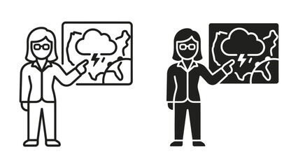 Weather Forecast Presentation: A meteorologist stands beside a weather map, pointing to a depiction of a storm system, indicating an impending weather event and its potential impact. © md