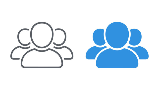 Group of People Icon: A clean and modern icon representing a group of people, suitable for representing teams, communities, or social networks. Available in both outlined and solid blue versions.