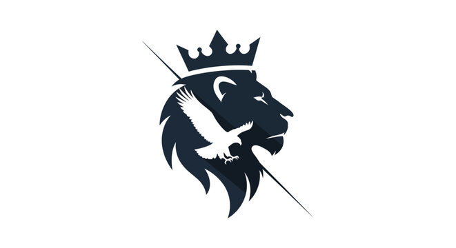 Majestic Lion Head with Crown and Eagle Silhouette - Symbol of Power and Freedom