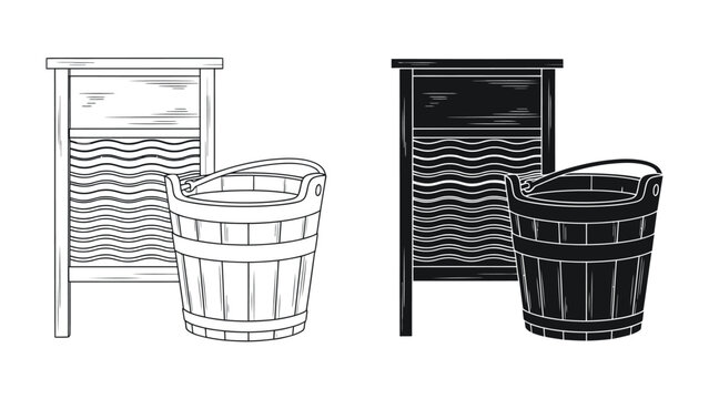 Vintage Laundry Tools: A black and white illustration depicts a washboard and a wooden bucket, showcasing traditional laundry equipment from a bygone era.