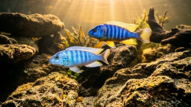 two cichlid fish swimming in lake malawi africa underwater golden light close up video