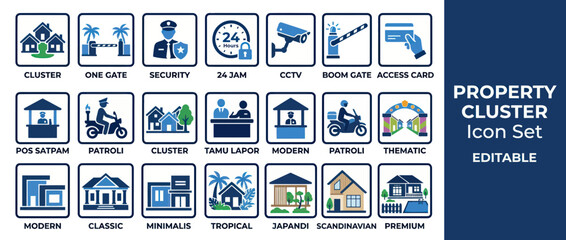 Gated community security and residential architectural style icons © nanas