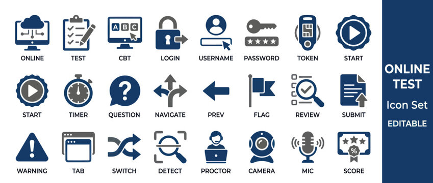 Online education and computer based testing icon set