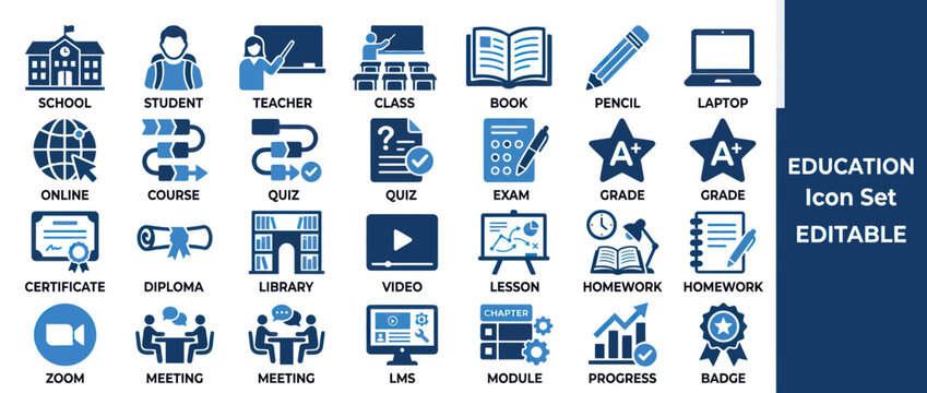 Comprehensive education and e-learning icon set for academic success