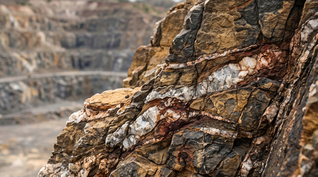Mineral veins cross a rugged rock face inside an open quarry. Geology and mining concept shows natural ore formation, stone texture and industrial excavation.