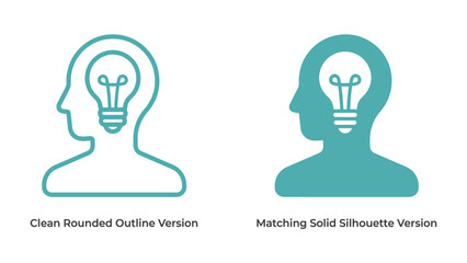Idea Generation Duo: Two stylized human profiles, one outlined and one solid, cradle a glowing lightbulb within their heads, symbolizing innovation and creative thought. © Mdalamgir
