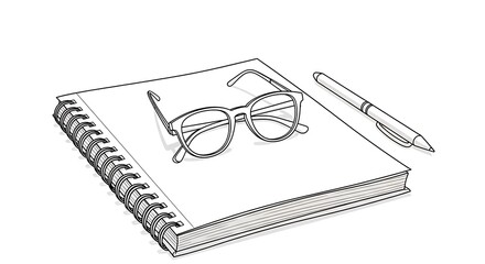 Naklejka premium Minimalist line art illustration of eyeglasses resting on a spiral notebook with a pen on a white background